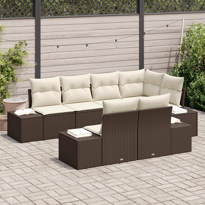Set Divano da Giardino da 7 Pezzi con Cuscini Marrone Rattan Polimerico