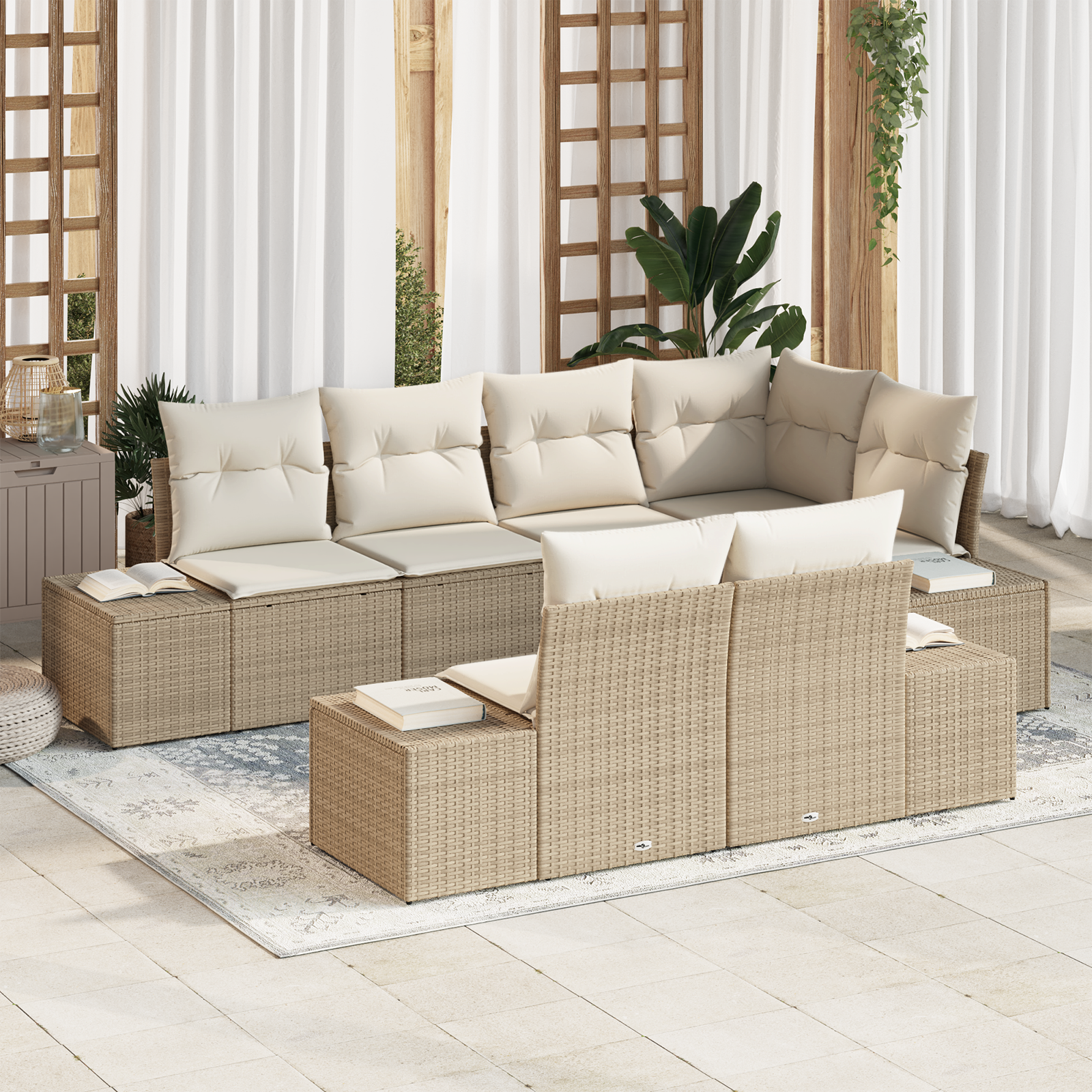 Set Divano da Giardino 7 Pezzi con Cuscini Beige Polyarattan