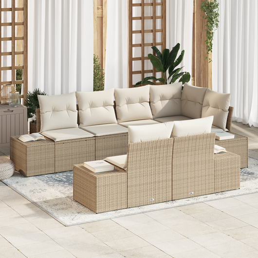 Set Divano da Giardino 7 Pezzi con Cuscini Beige Polyarattan