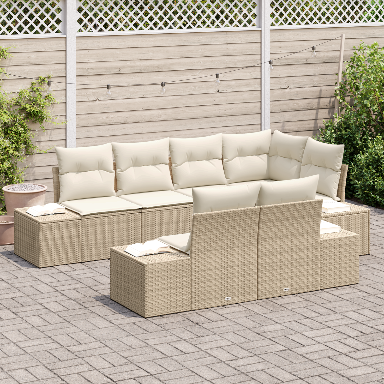 Set Divano da Giardino 7 Pezzi con Cuscini Beige Polyarattan