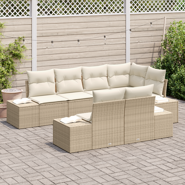 Set Divano da Giardino 7 Pezzi con Cuscini Beige Polyarattan