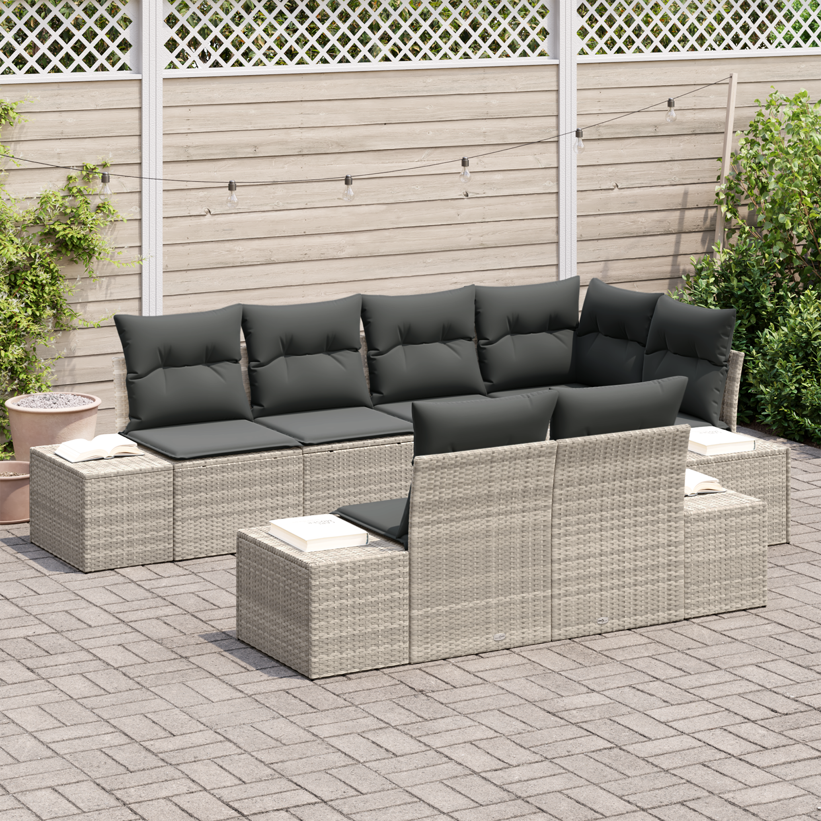 Set di Divani da Giardino in 7 Pezzi con Cuscini Grigio Chiaro Polyrattan