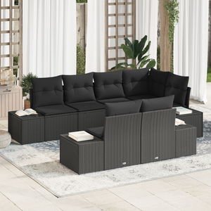 Set di divani da giardino 7 pezzi con cuscini in polyrattan nero