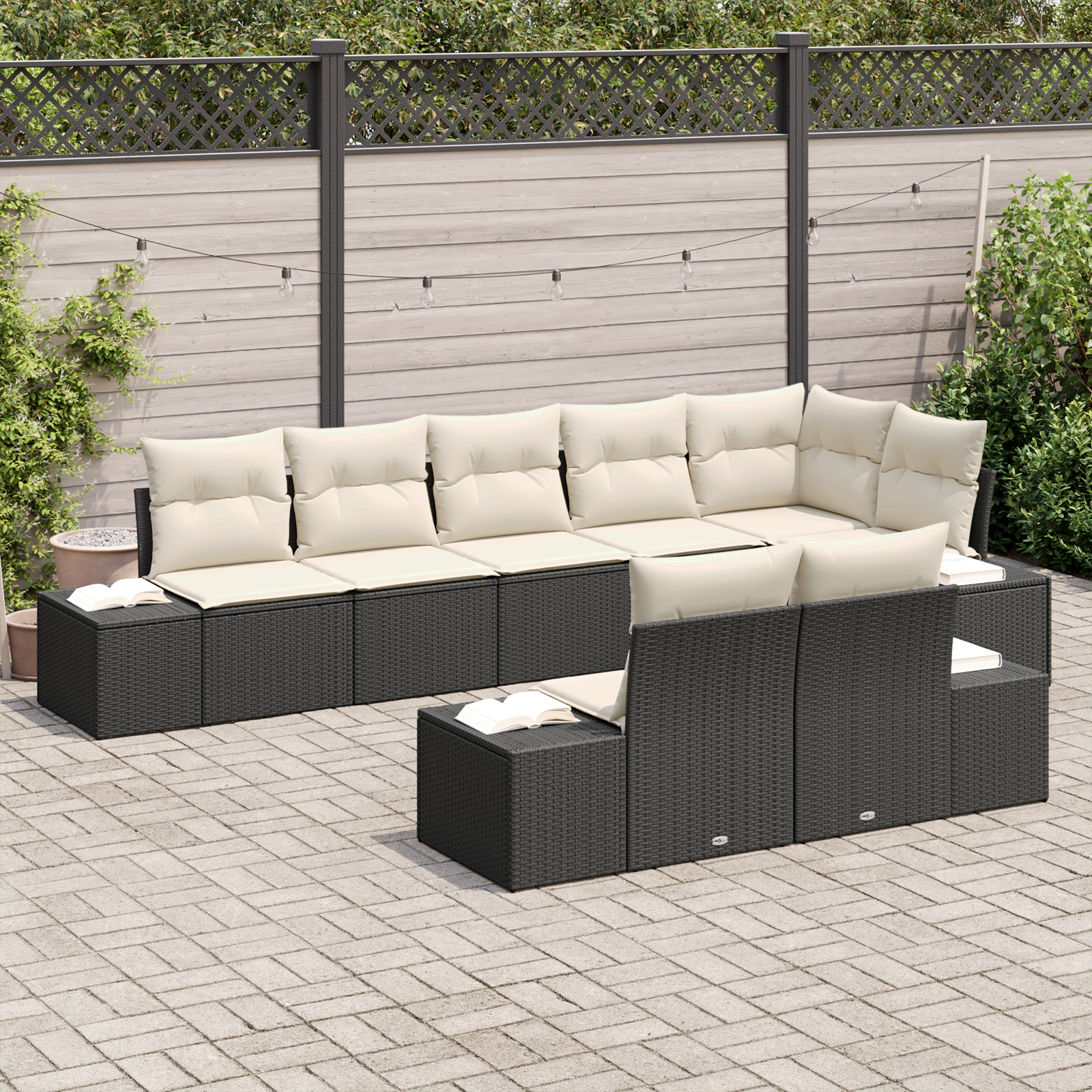 Set Divano da Giardino 8 Pezzi con Cuscini Nero Polyrattan