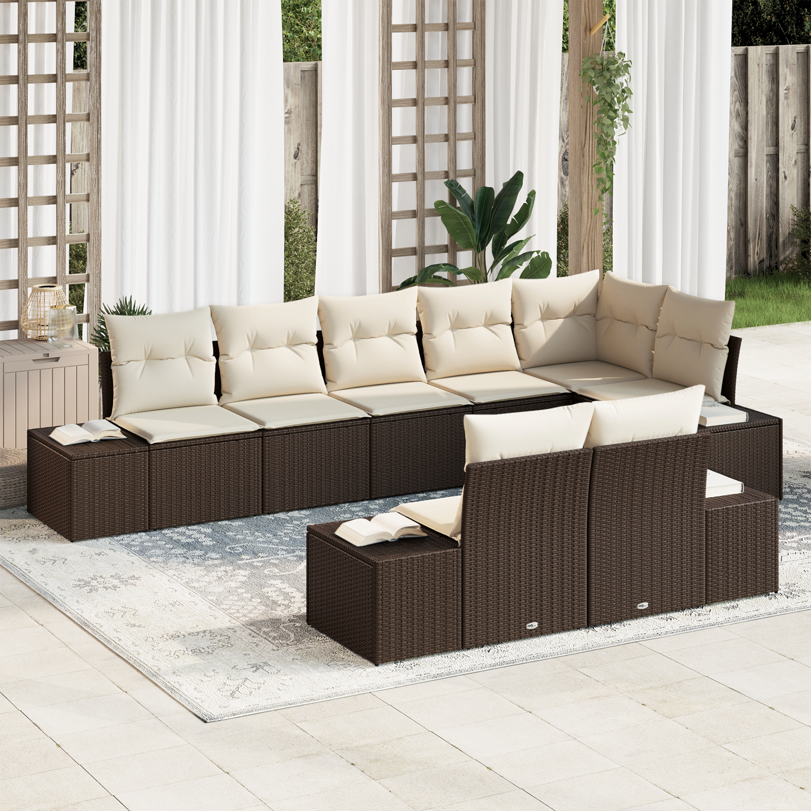 Set Divano da Giardino a 8 pezzi con Cuscini Marrone Polirattan