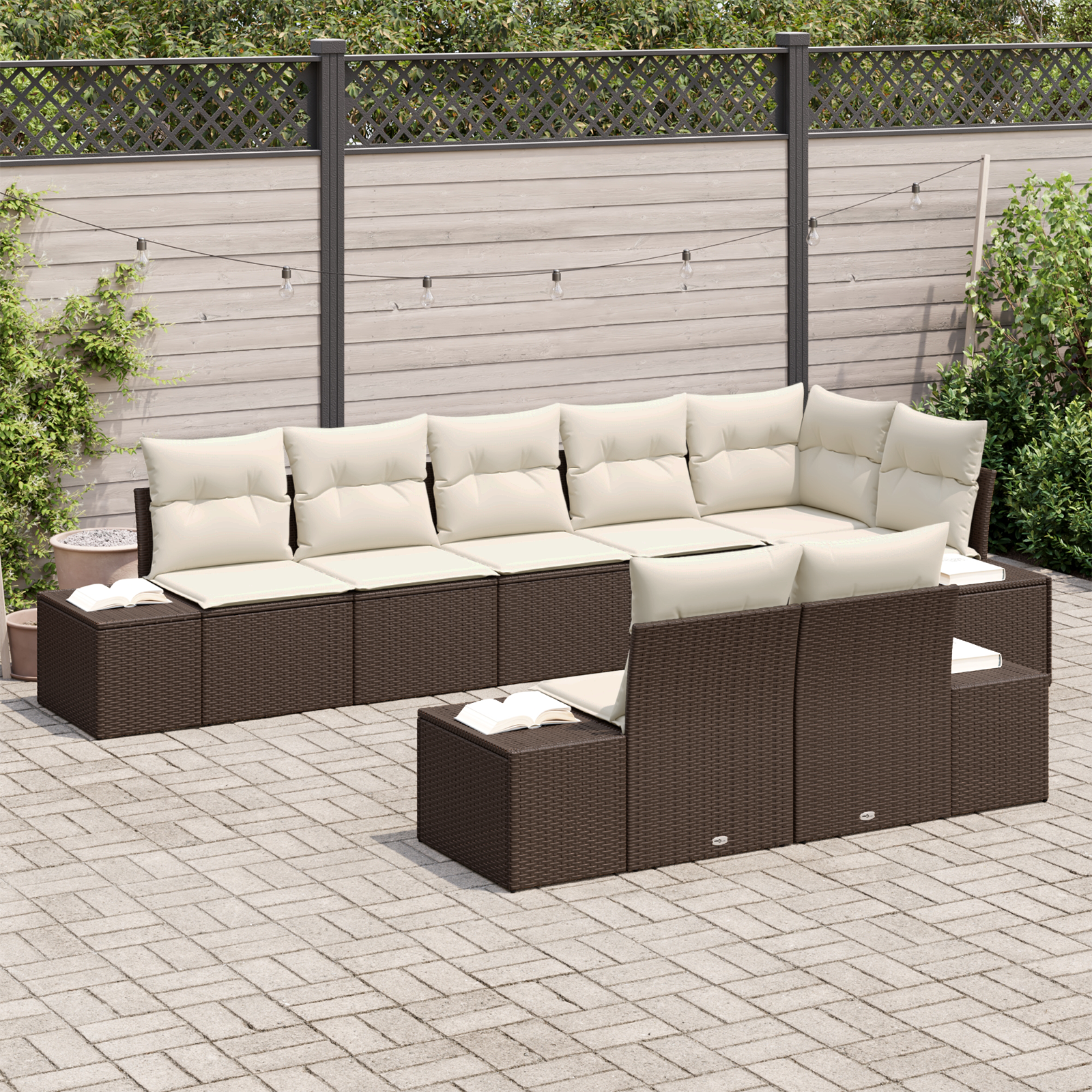 Set Divano da Giardino a 8 pezzi con Cuscini Marrone Polirattan
