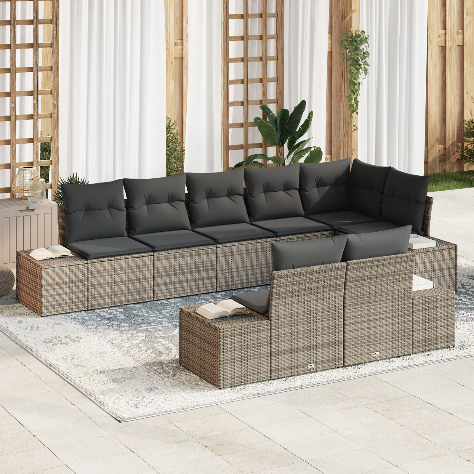 Set di divani da giardino 8 pezzi con cuscini Grigio Polyrattan