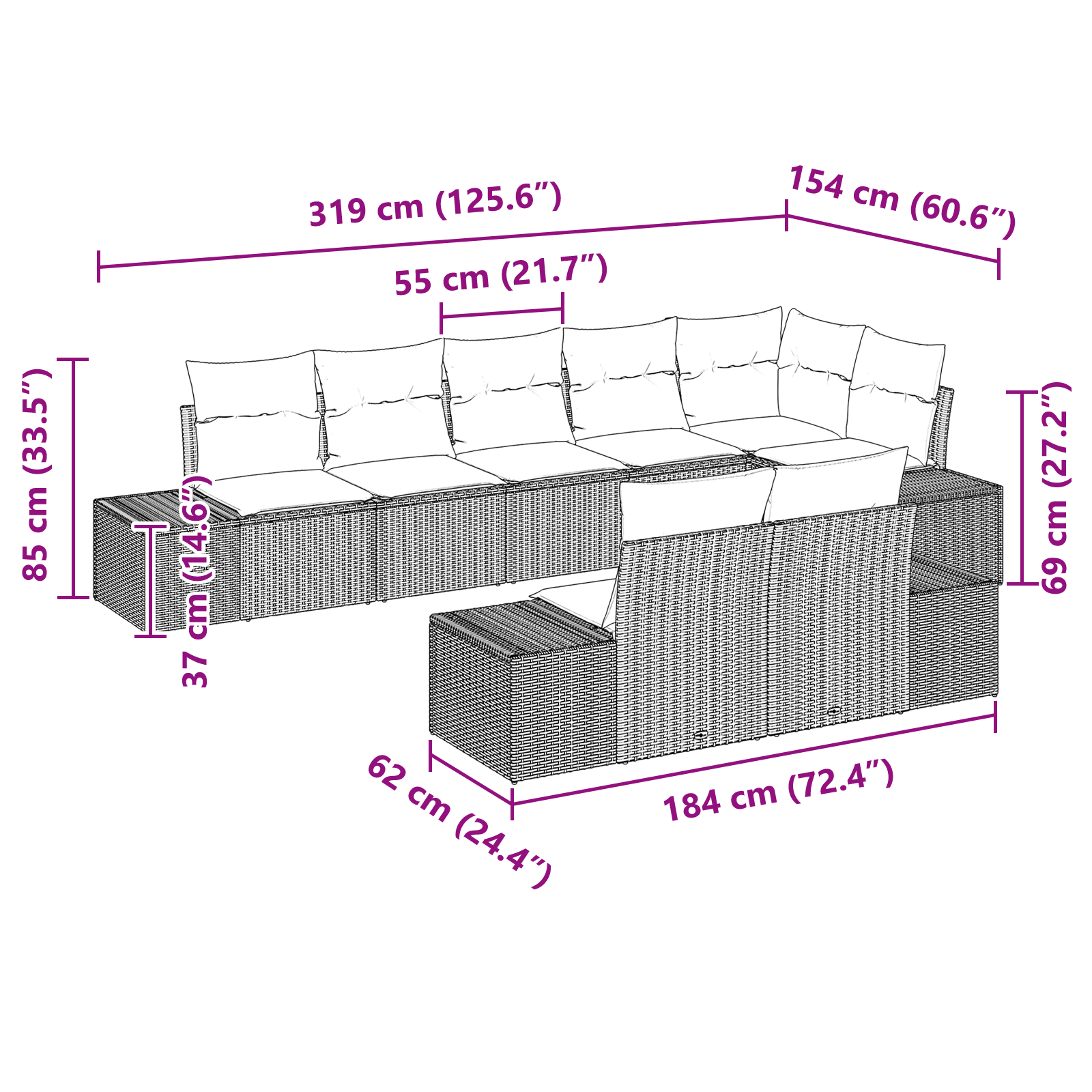 Set Divano da Giardino 8 Pezzi con Cuscini Nero in Polyrattan
