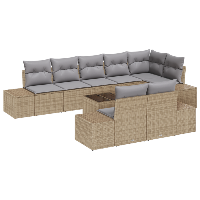 Set Divano da Giardino 9 Pezzi con Cuscini Beige e Grigio in Polyrattan