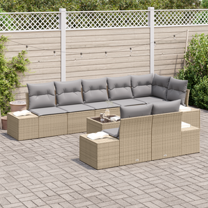 Set Divano da Giardino 9 Pezzi con Cuscini Beige e Grigio in Polyrattan
