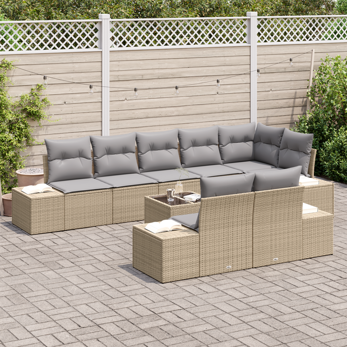Set Divano da Giardino 9 Pezzi con Cuscini Beige e Grigio in Polyrattan