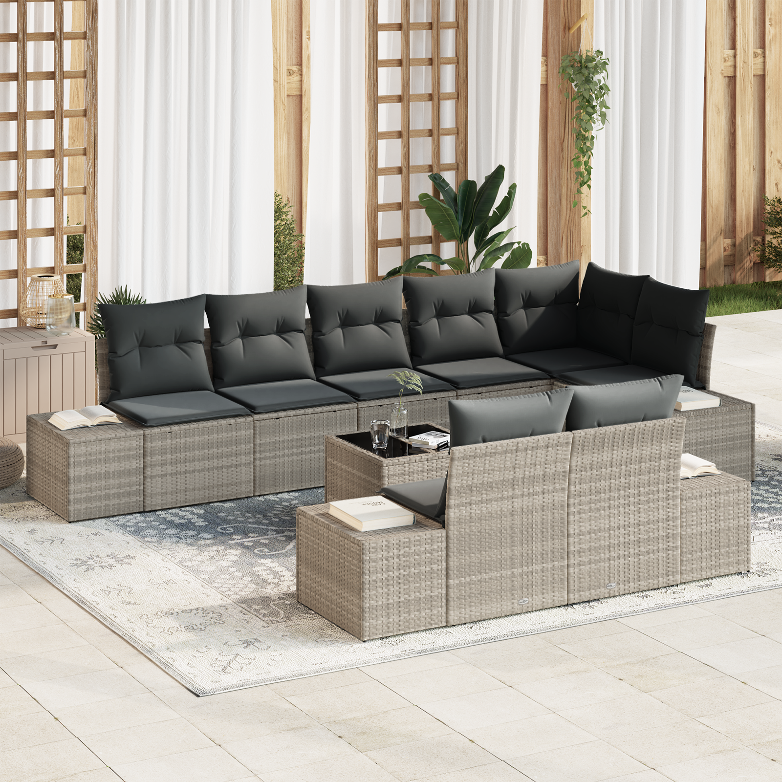 Set Divano da Giardino 9 Pezzi con Cuscini Grigio Polyrattan