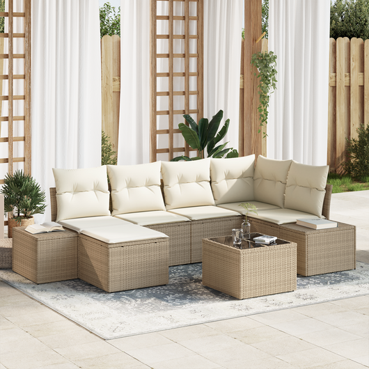 Set di Divani da Giardino da 7 Pezzi con Cuscini in Polyrattan Marrone