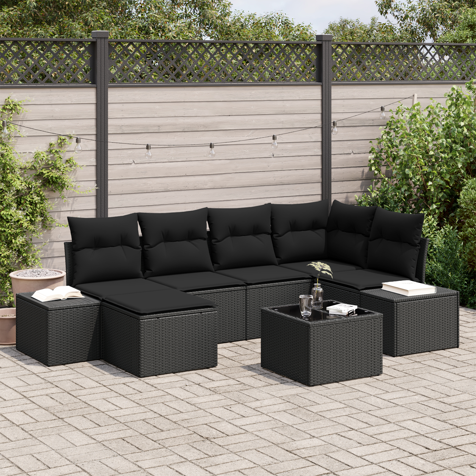 Set di Divano da Giardino 7 Pezzi con Cuscini Beige Polyrattan