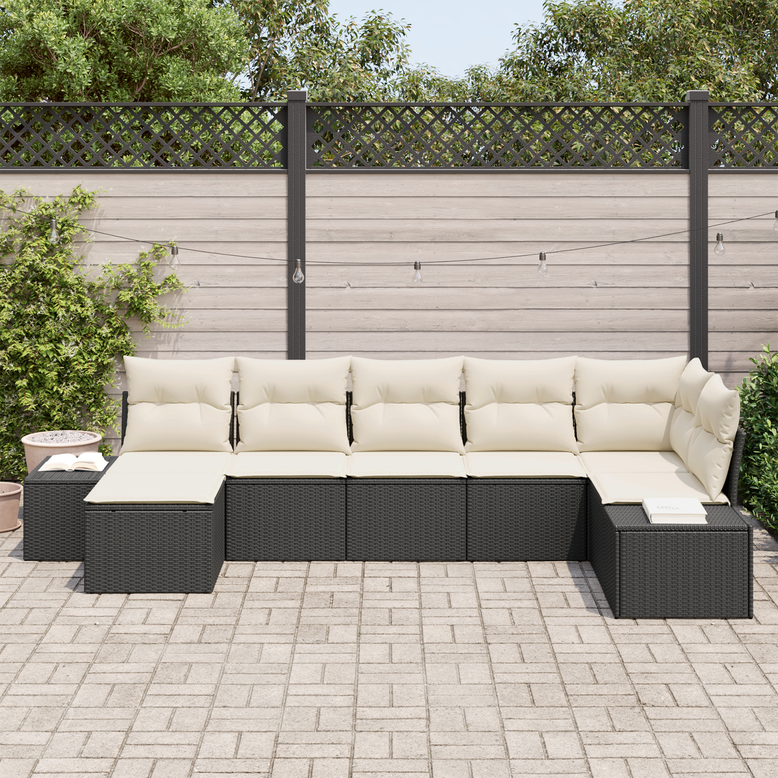Set di Divano da Giardino da 7 Pezzi con Cuscini Nero Polyrattan.