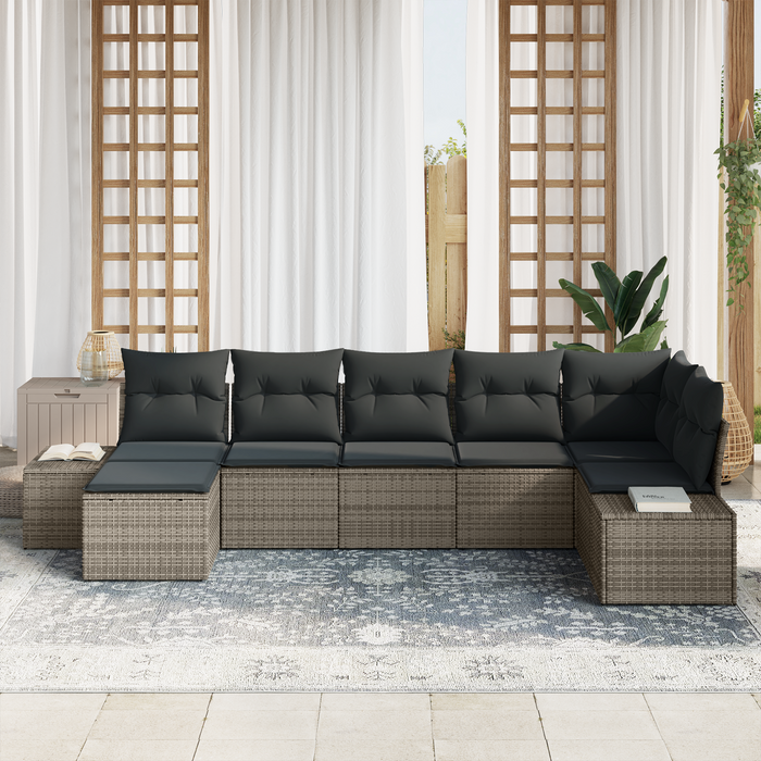 Set Divano da Giardino 7 Pezzi con Cuscini Grigio Polyrattan