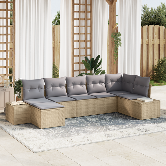 Set di divani da giardino da 7 pezzi con cuscini in polirattan beige