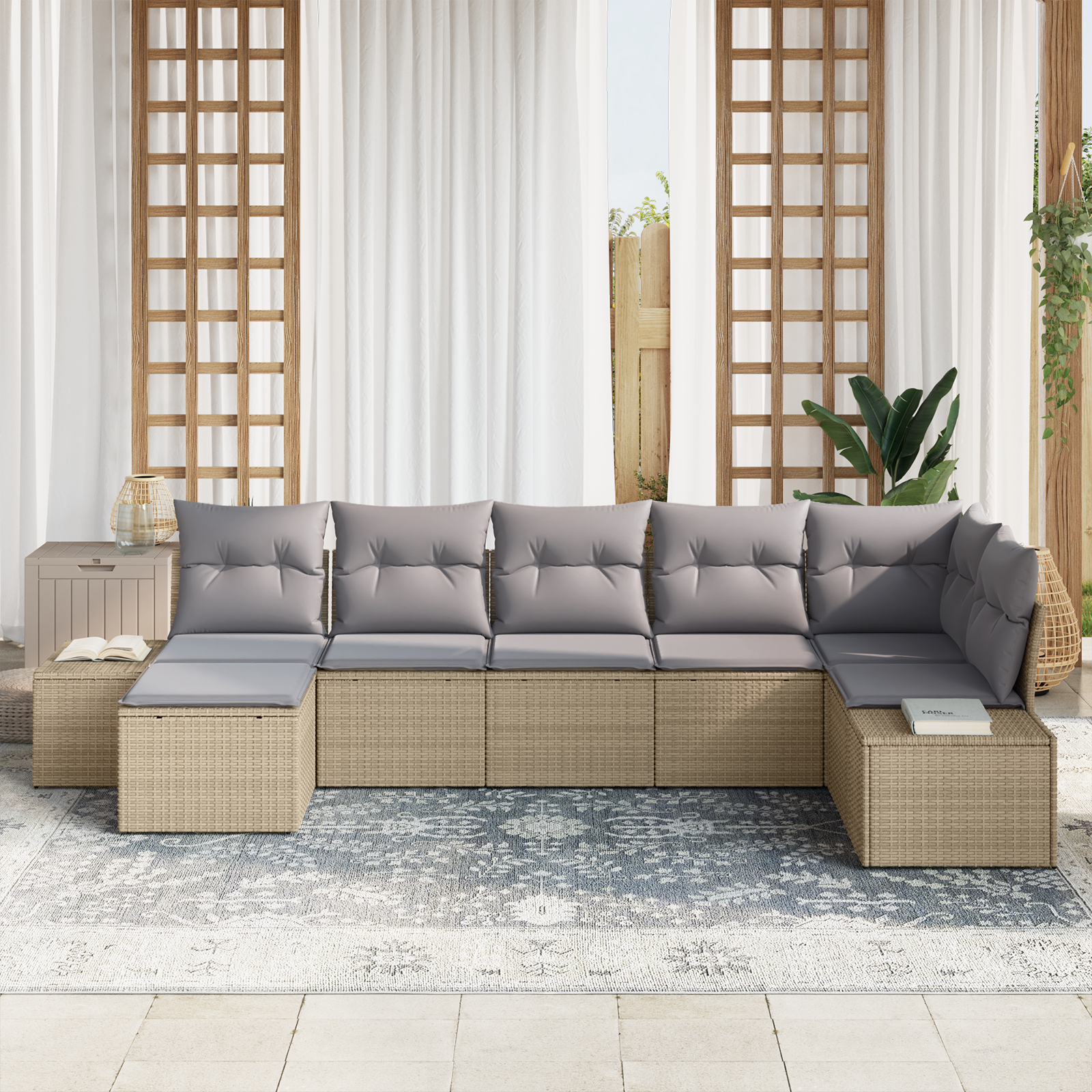 Set di divani da giardino da 7 pezzi con cuscini in polirattan beige