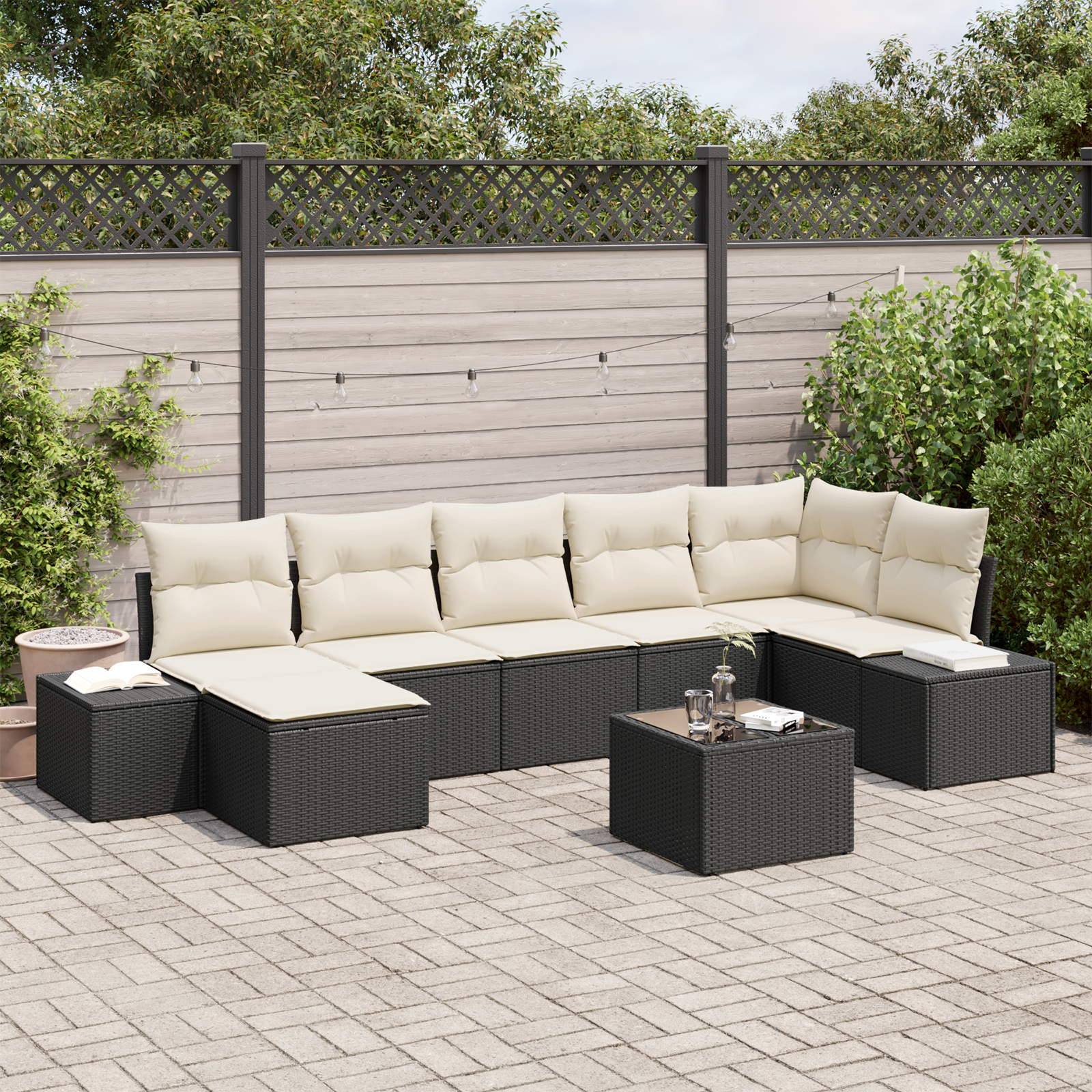 Set Divano da Giardino da 7 Pezzi con Cuscini Rattan Poliestere Marrone