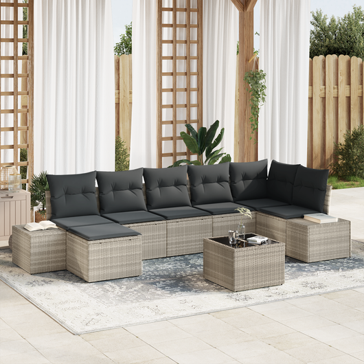 Set di divani da giardino 8 pezzi con cuscini grigio in polyrattan