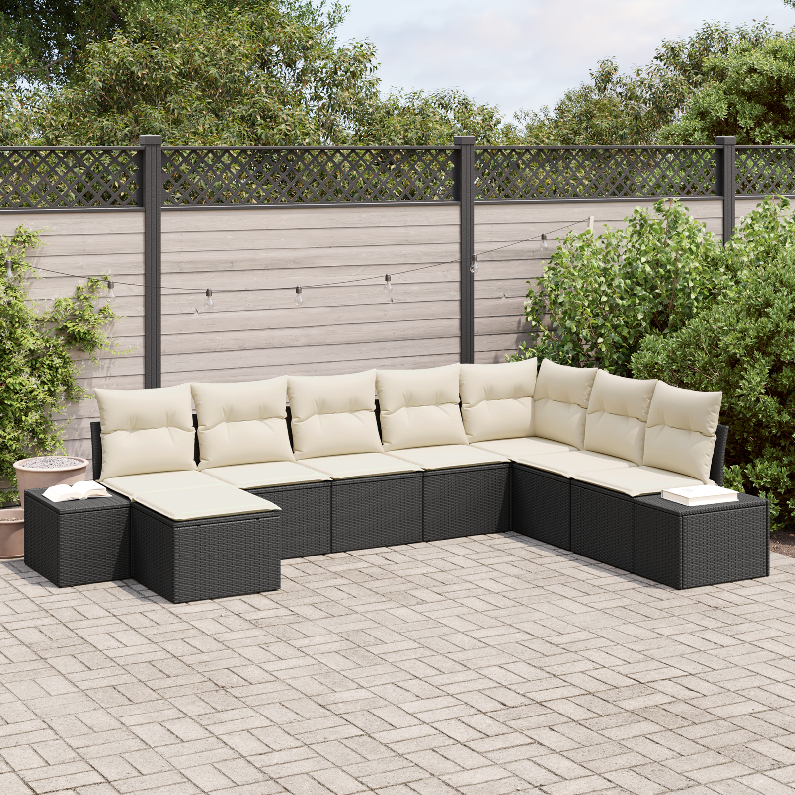 Set da giardino di 8 pezzi con cuscini in polyrattan nero