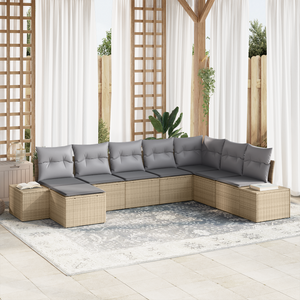 Set di Divani da Giardino in Polyrattan Beige da 8 Pezzi con Cuscini