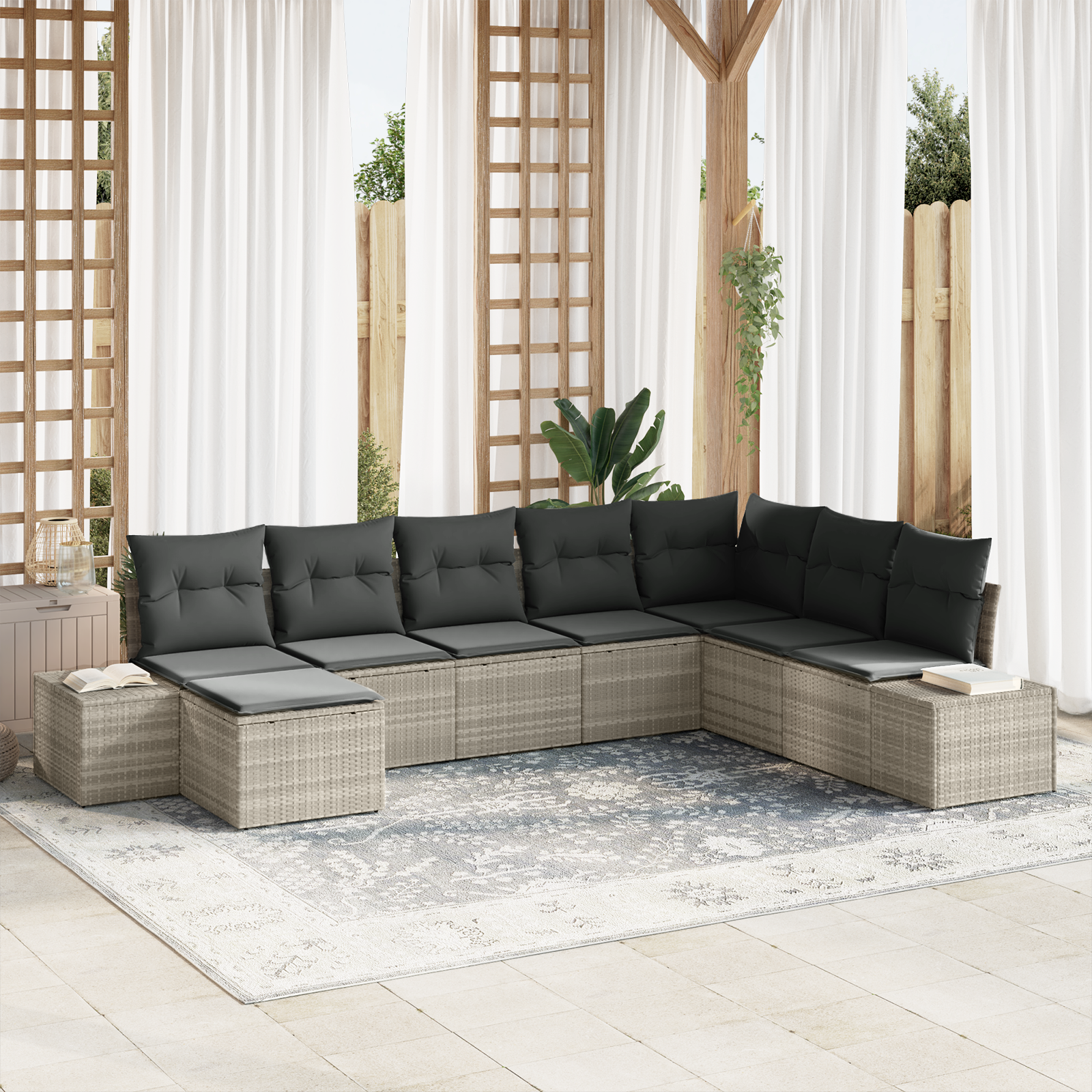 Set di divano da giardino a 8 pezzi con cuscini in polyrattan grigio chiaro