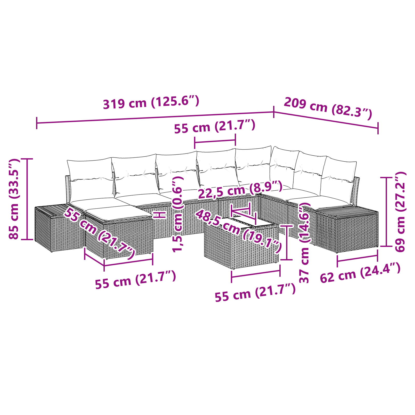 Set di 8 Pezzi Divano da Giardino con Cuscini Grigio Polyrattan