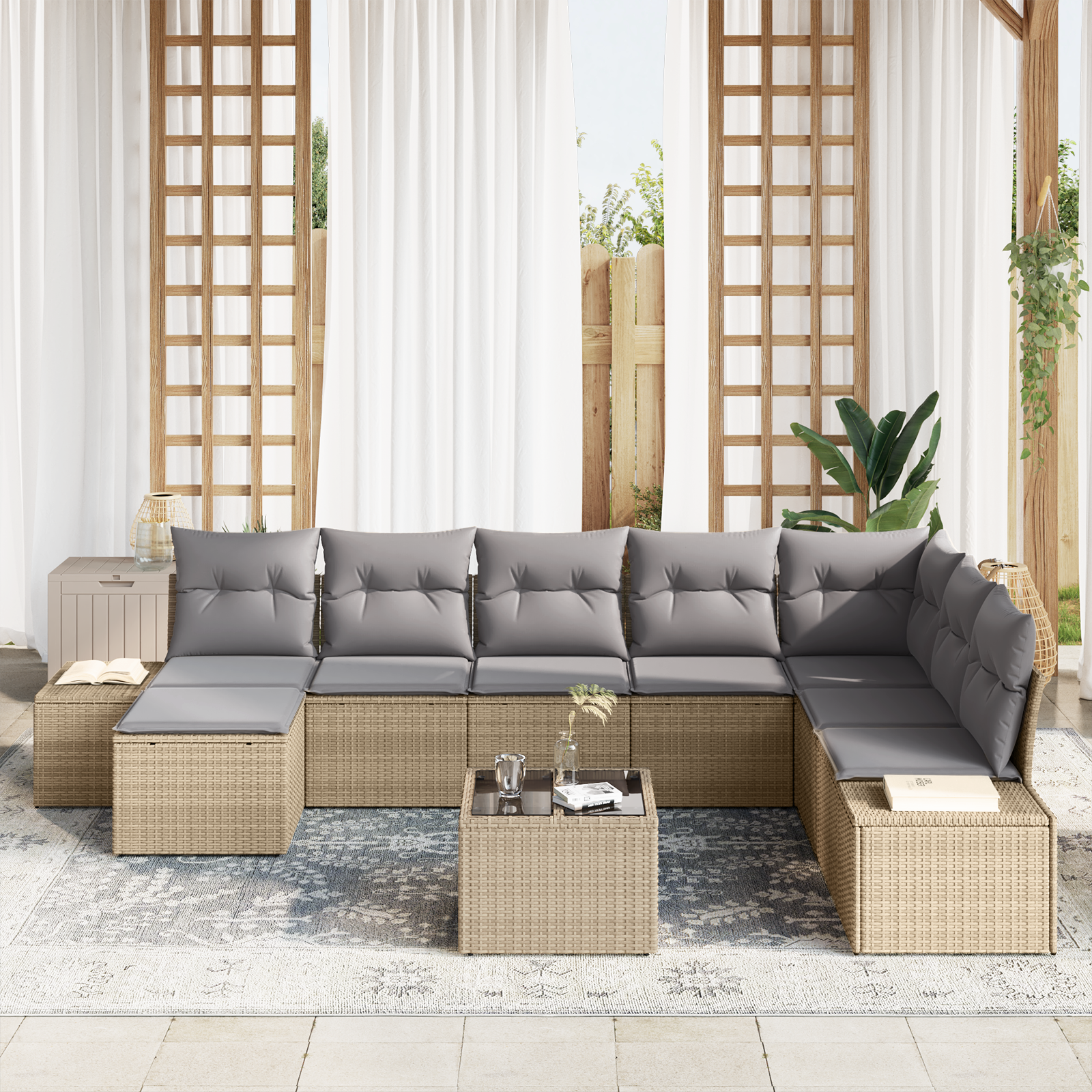 Set di divano da giardino 9 pezzi con cuscini Nero Rattan