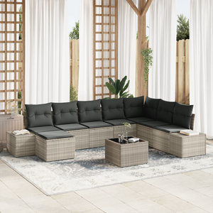 Set da Giardino 9 Pezzi con Cuscini Grigio in Rattan Sintetico