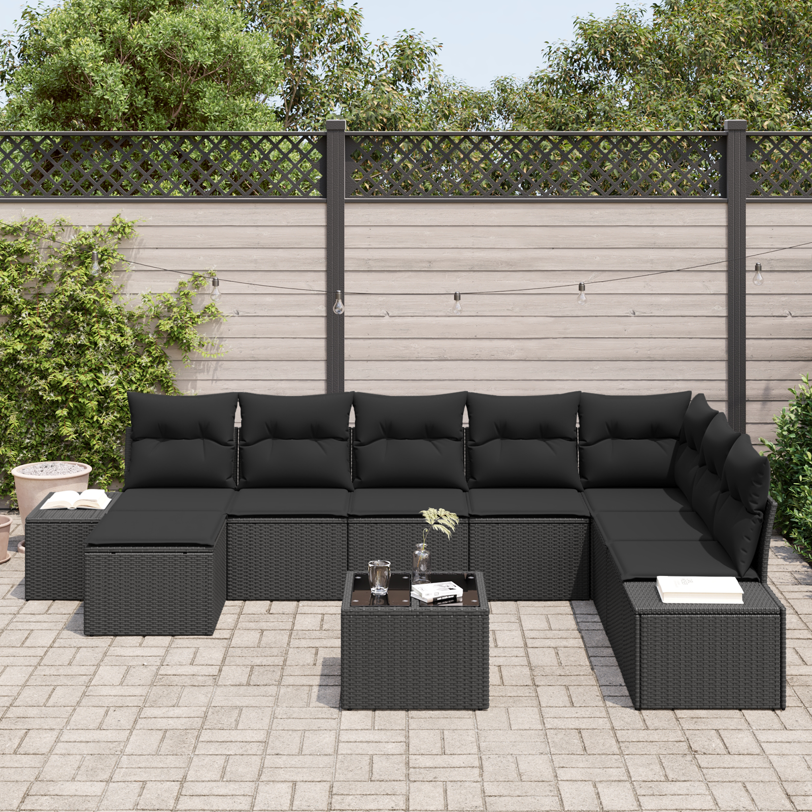 Set di Divani da Giardino da 9 pezzi con Cuscini Beige in Polirattan