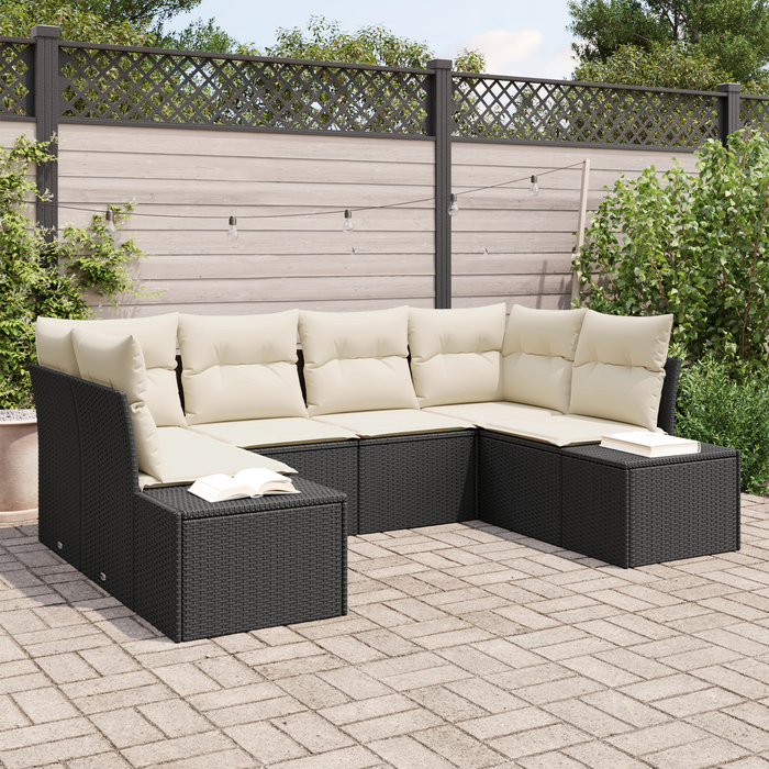 Set Divano da Giardino 6 Pezzi con Cuscini Nero Rattan Poliestere
