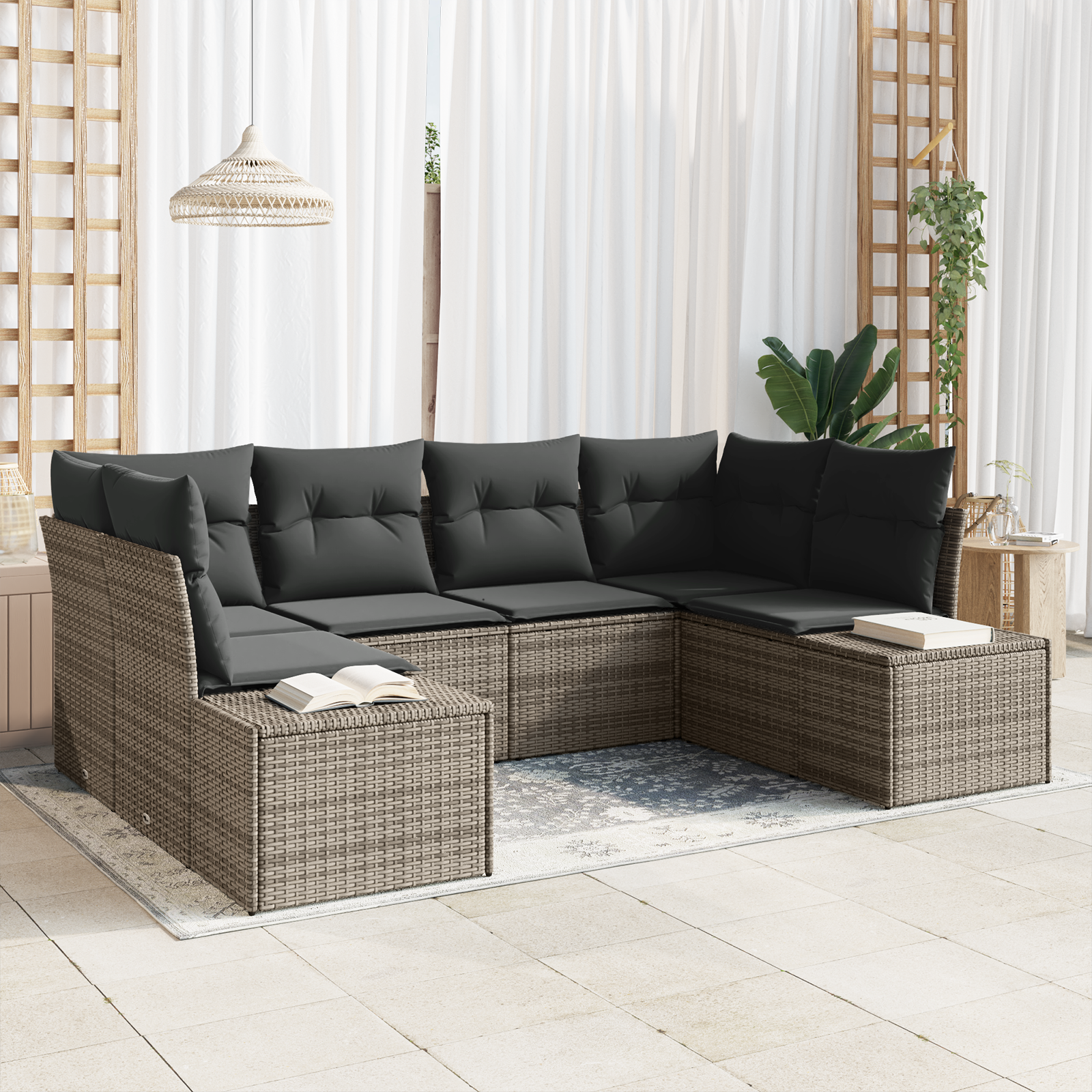 Set da giardino in 6 pezzi con cuscini Grigio in rattan sintetico