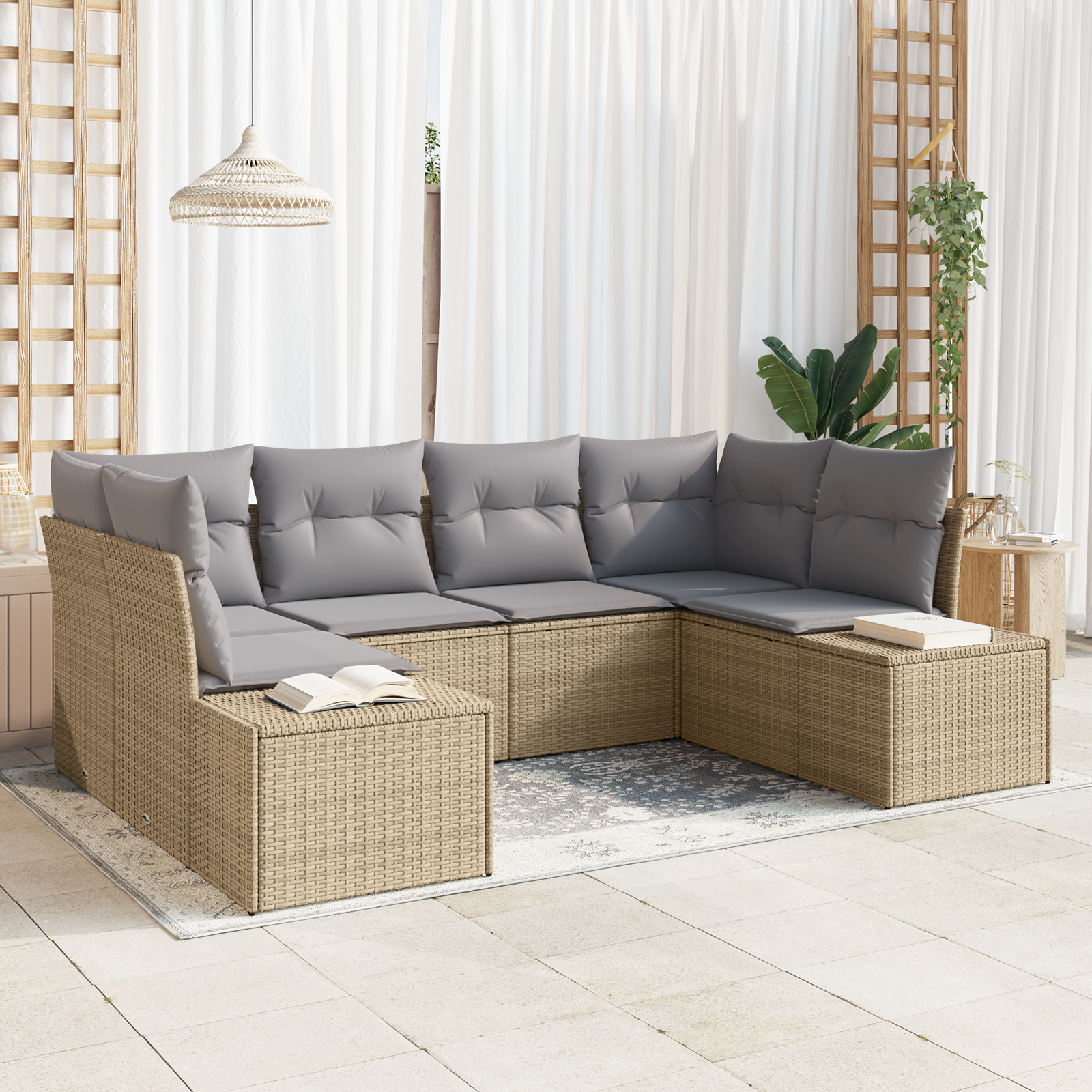 Set Divano da Giardino in 6 Pezzi con Cuscini Beige in Rattan Polietilene