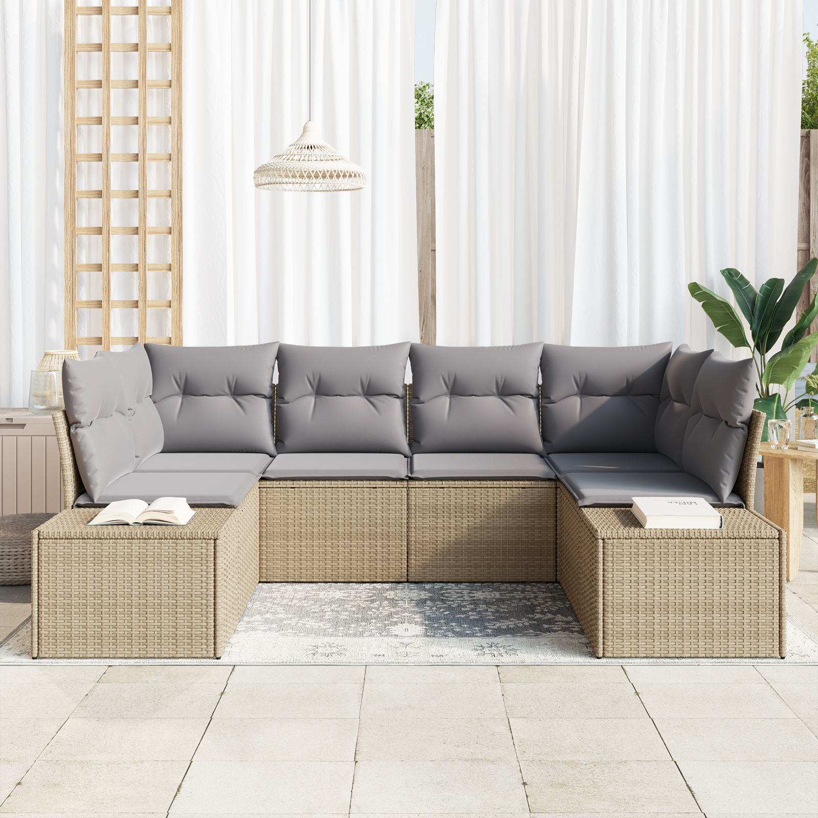 Set Divano da Giardino in 6 Pezzi con Cuscini Beige in Rattan Polietilene
