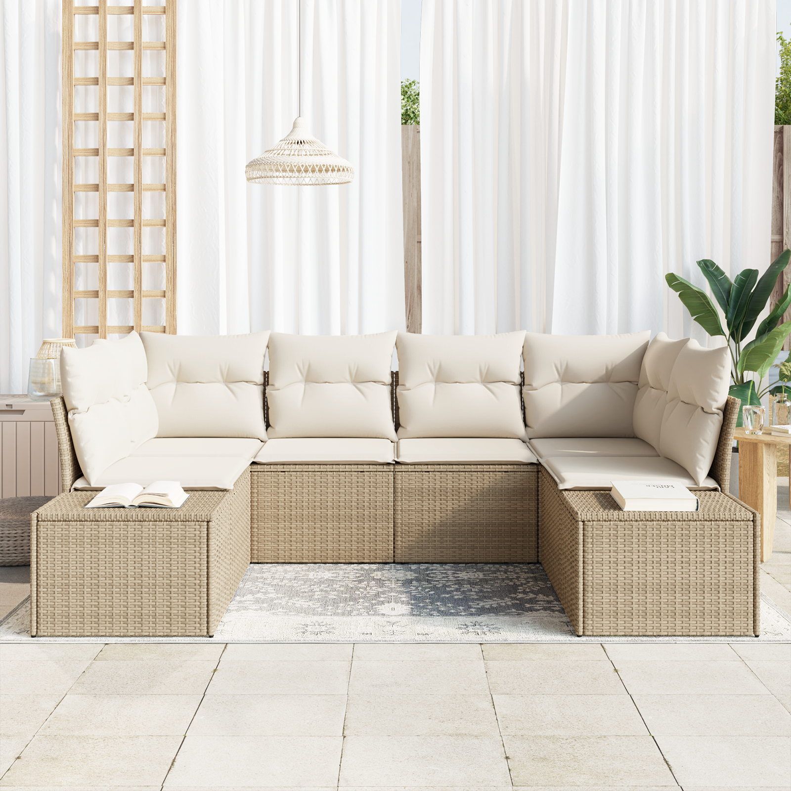 Set Divani da Giardino 6 Pezzi con Cuscini Beige Rattan Poliestere