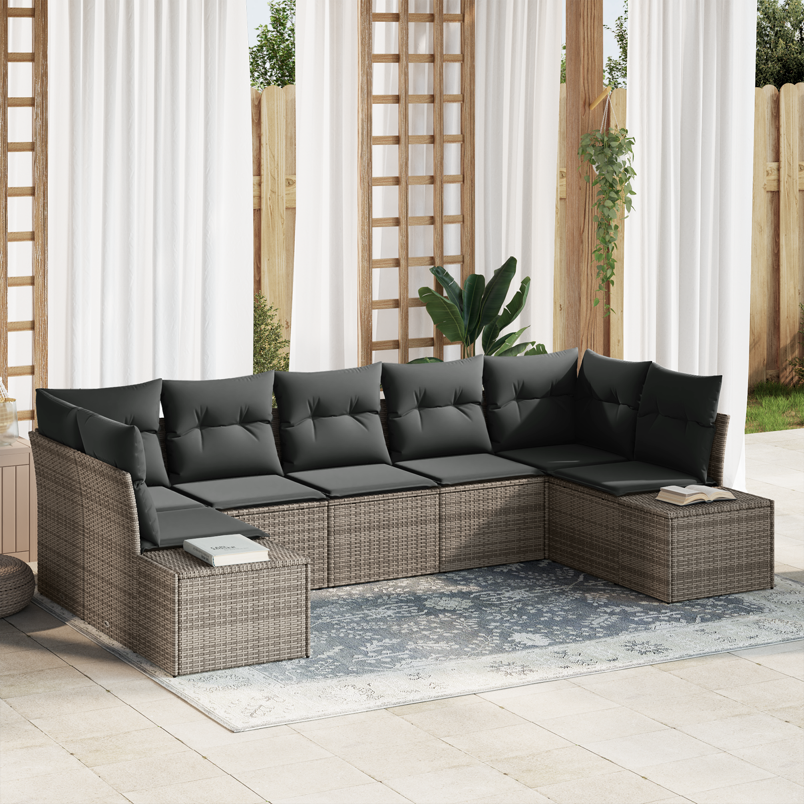 Set da giardino a 7 pezzi con cuscini grigio polyrattan