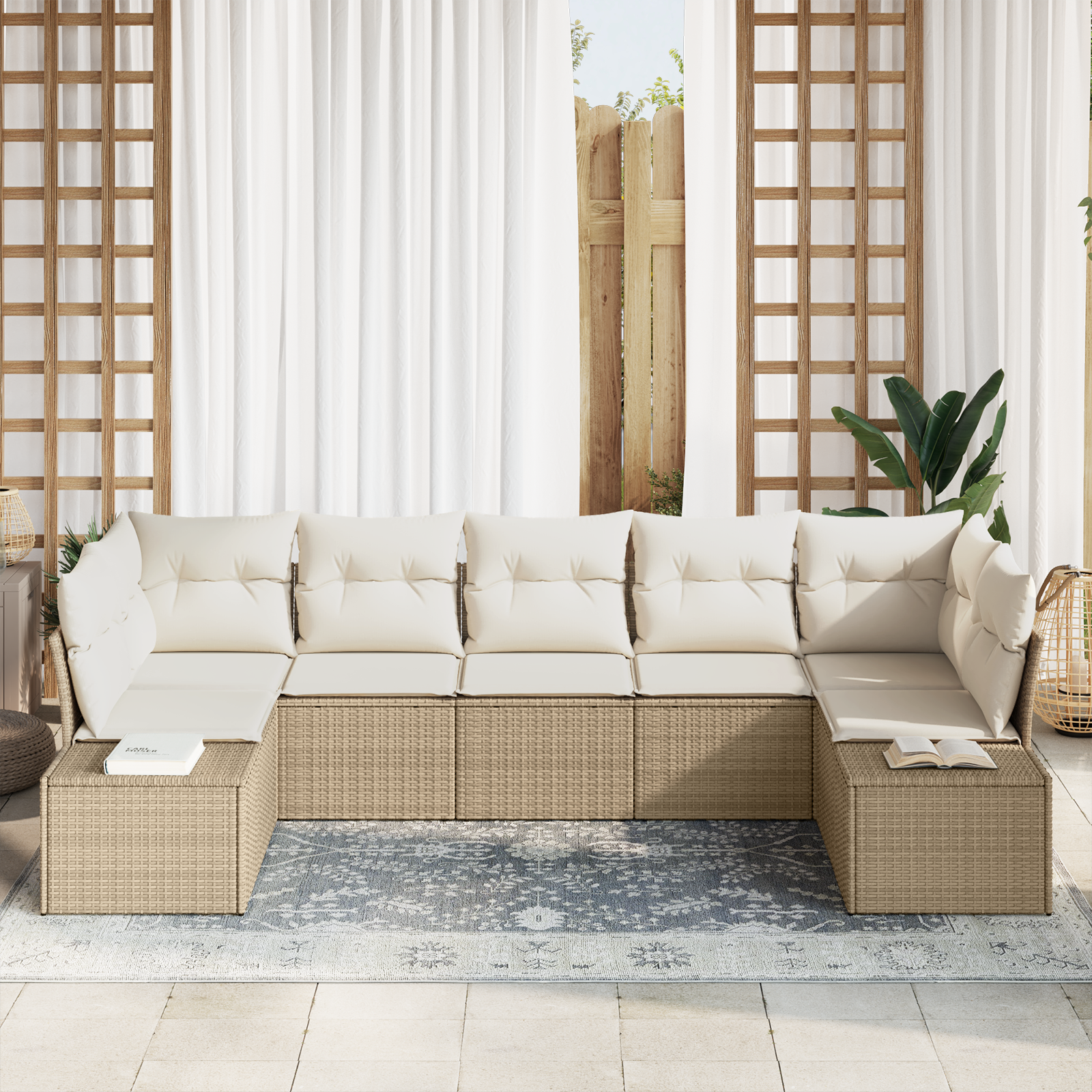 Set divani giardino da 7 pezzi con cuscini in rattan sintetico beige