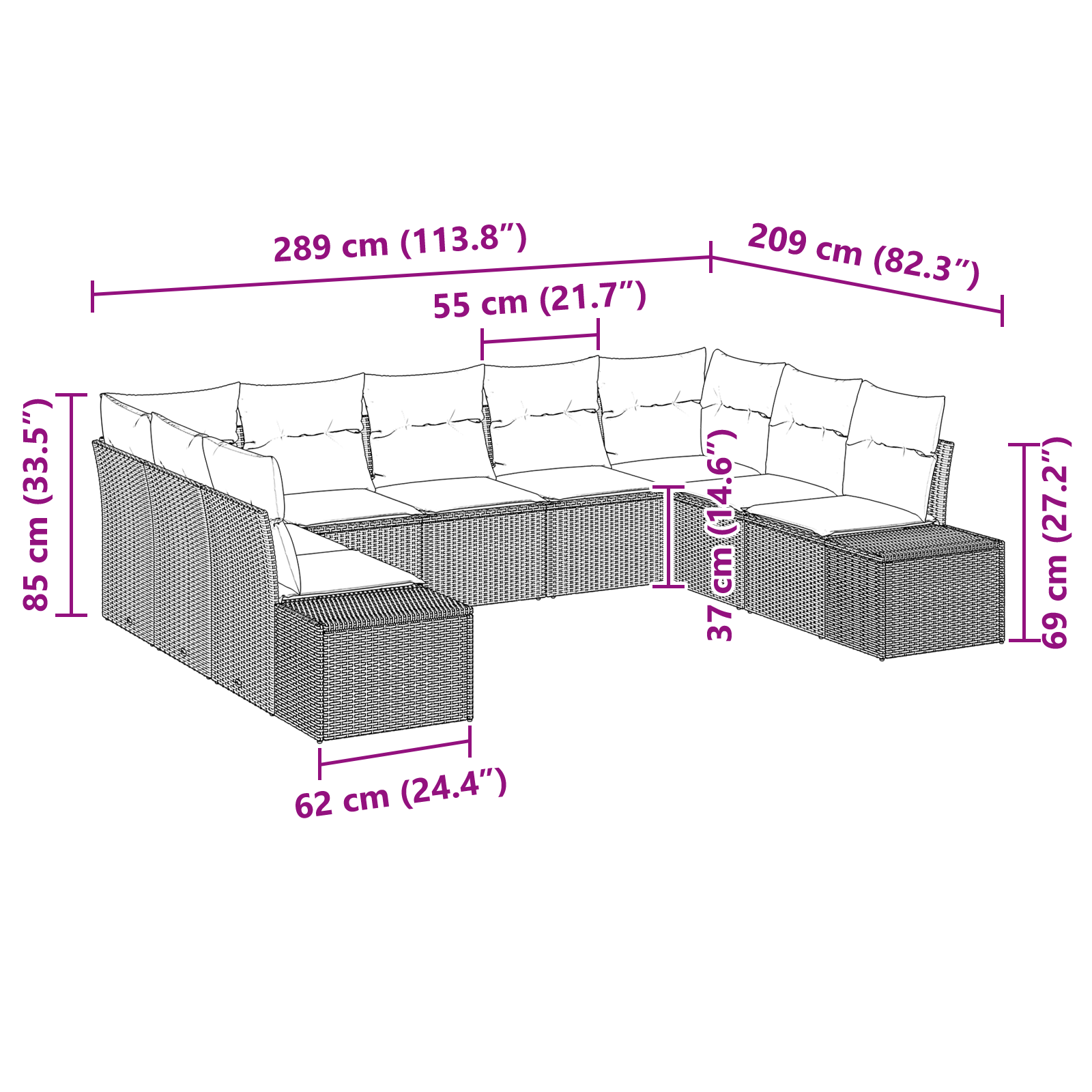 Set di Divani da Giardino 9 Pezzi con Cuscini Nero Polyrattan