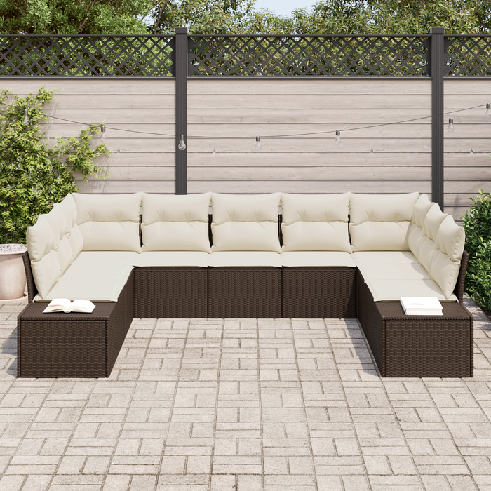 Set da giardino 9 pezzi con cuscini in polyrattan marrone