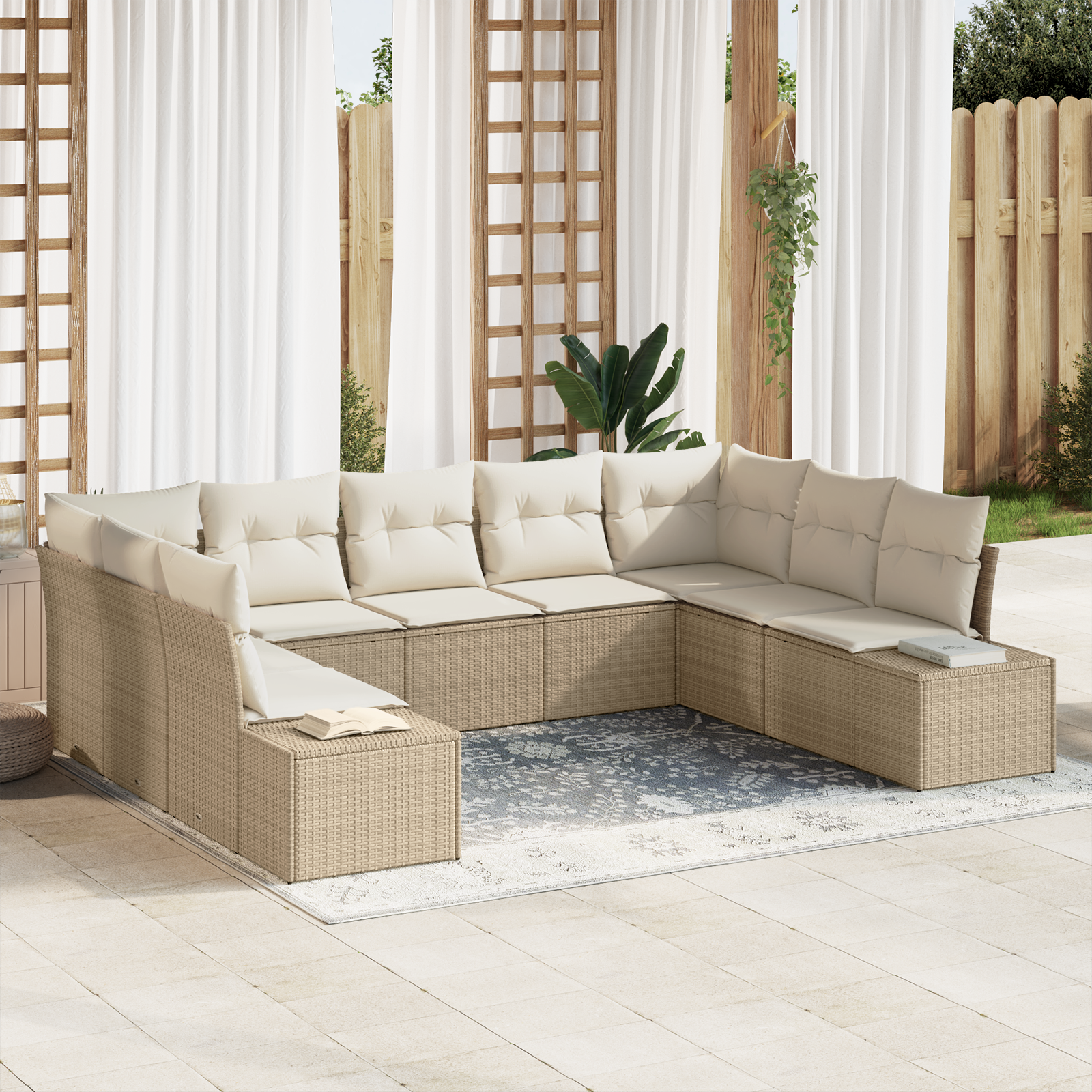 Set Divano da Giardino a 9 Pezzi con Cuscini Beige Polyrattan