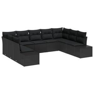 Set di Divani da Giardino da 9 Pezzi con Cuscini Nero Polyrattan