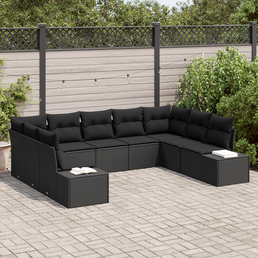 Set di Divani da Giardino da 9 Pezzi con Cuscini Nero Polyrattan