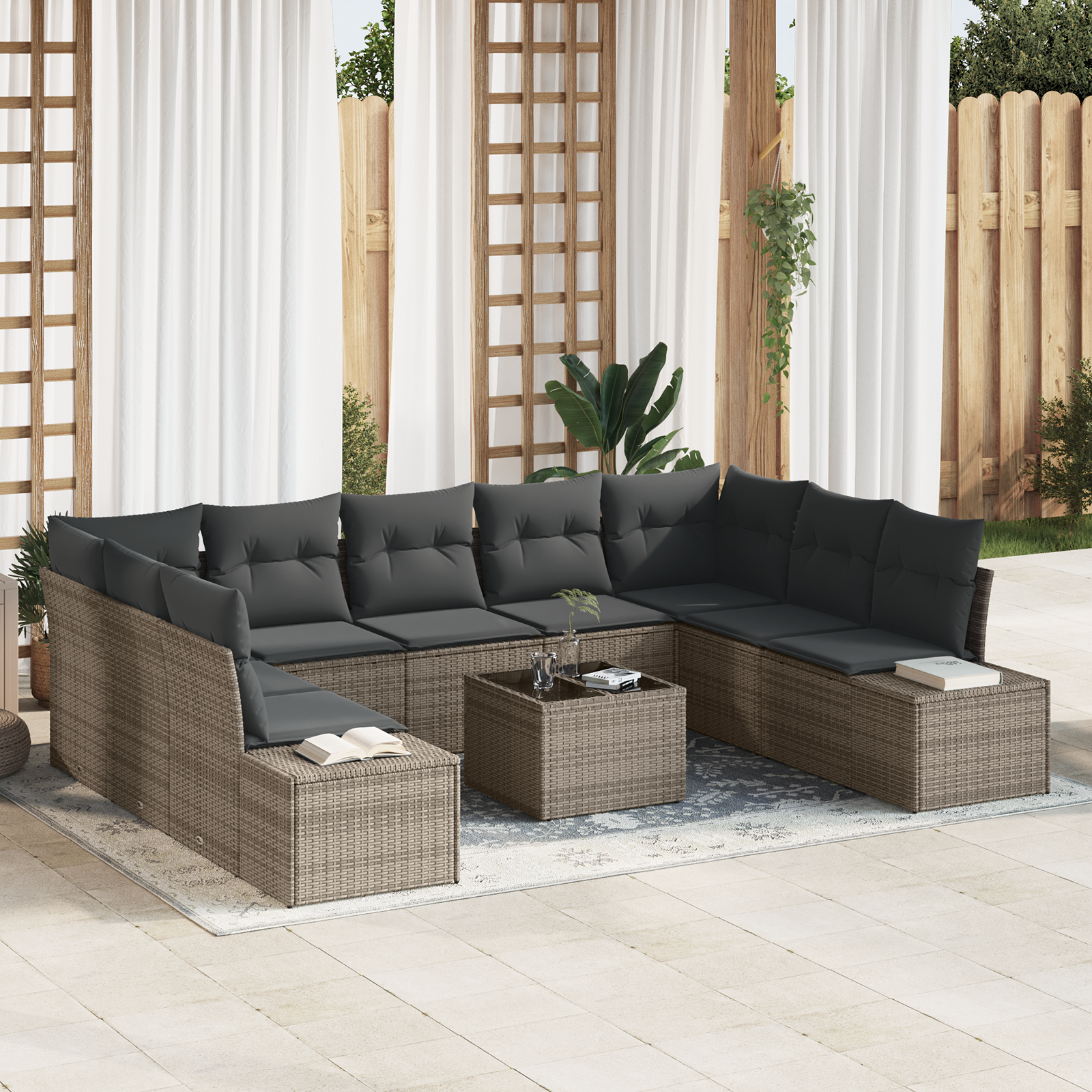Set di Divani da Giardino da 9 Pezzi con Cuscini Grigio Polyrattan