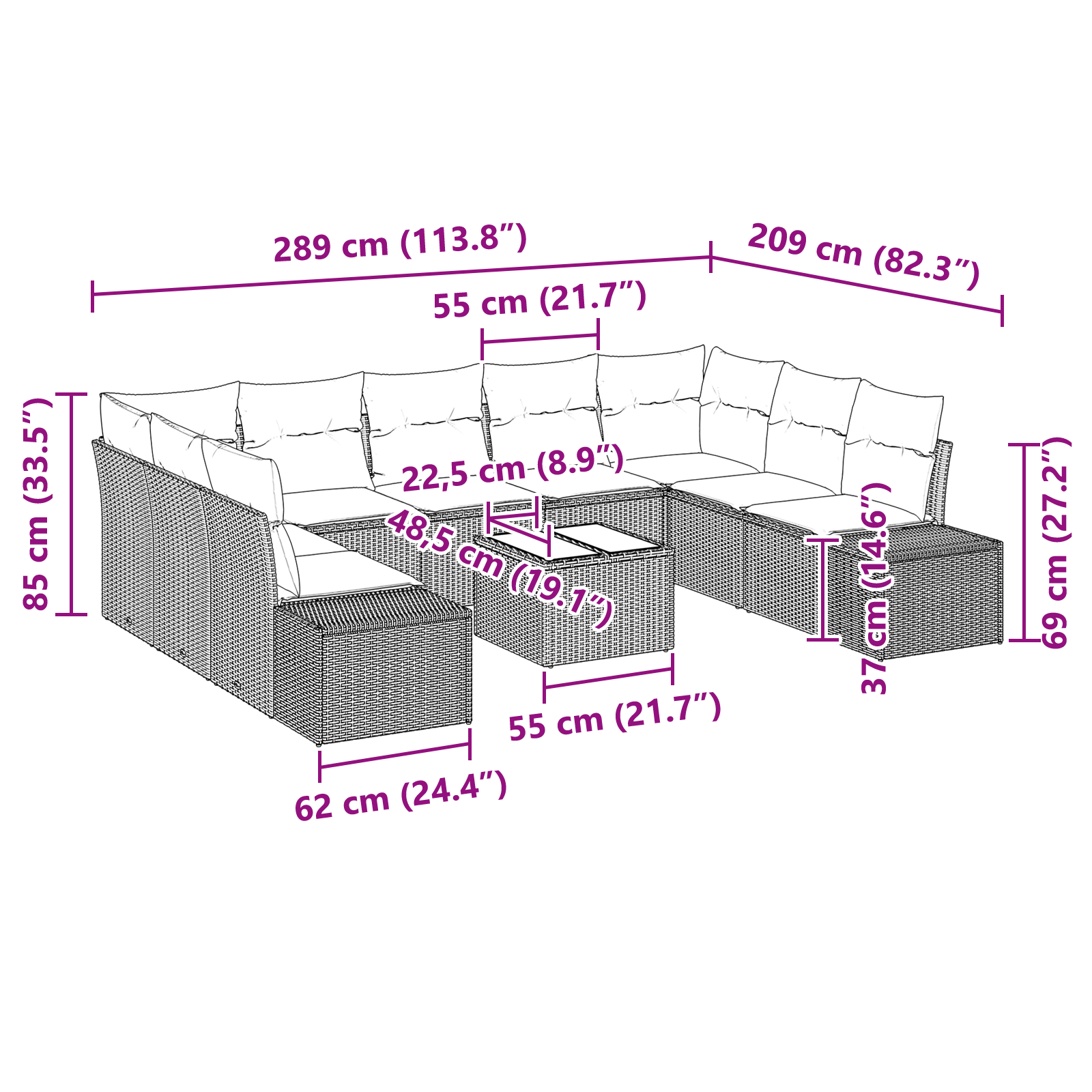 Set di divani da giardino in 10 pezzi con cuscini in rattan sintetico brown