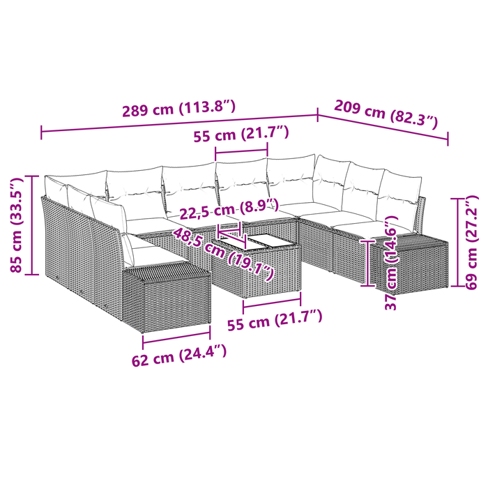 Set di divani da giardino in 10 pezzi con cuscini in rattan sintetico brown