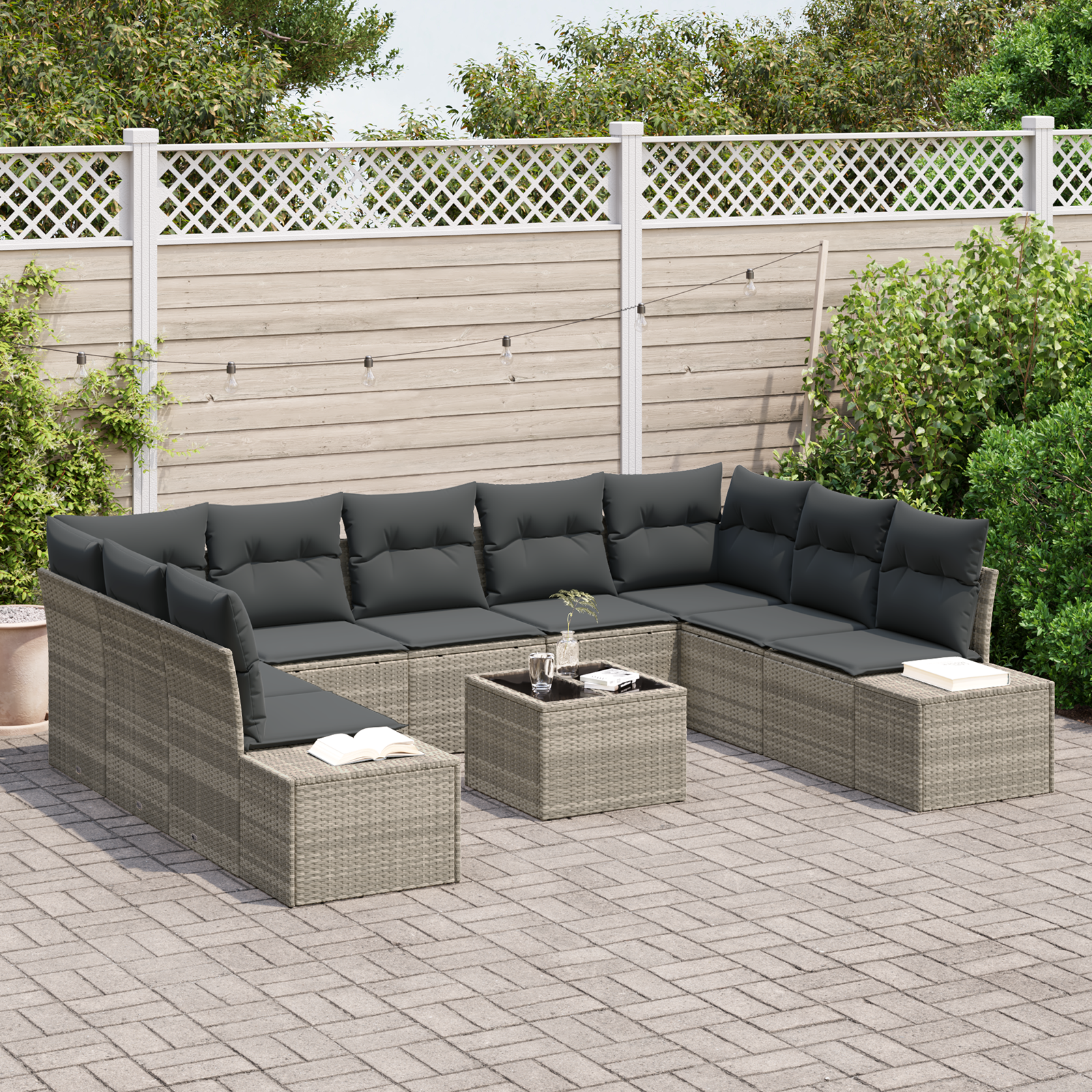 Set di divani da giardino in 10 pezzi con cuscini grigio polyrattan