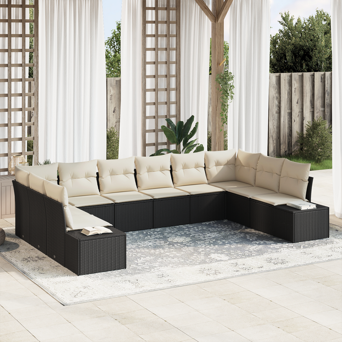 Set di divani da giardino con dieci pezzi e cuscini neri in polyrattan