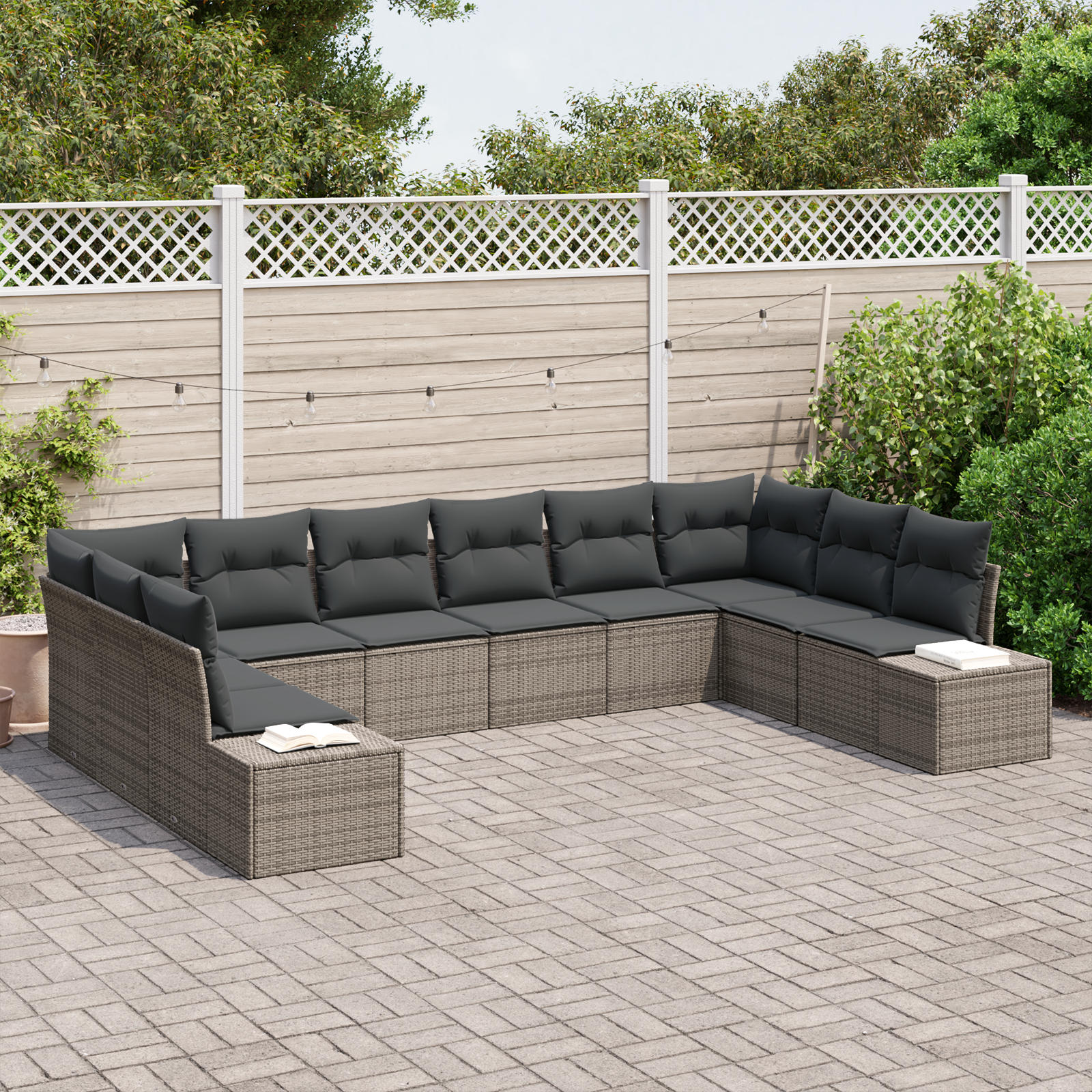 Set di divani da giardino con cuscini grigi in polyrattan da 10 pezzi