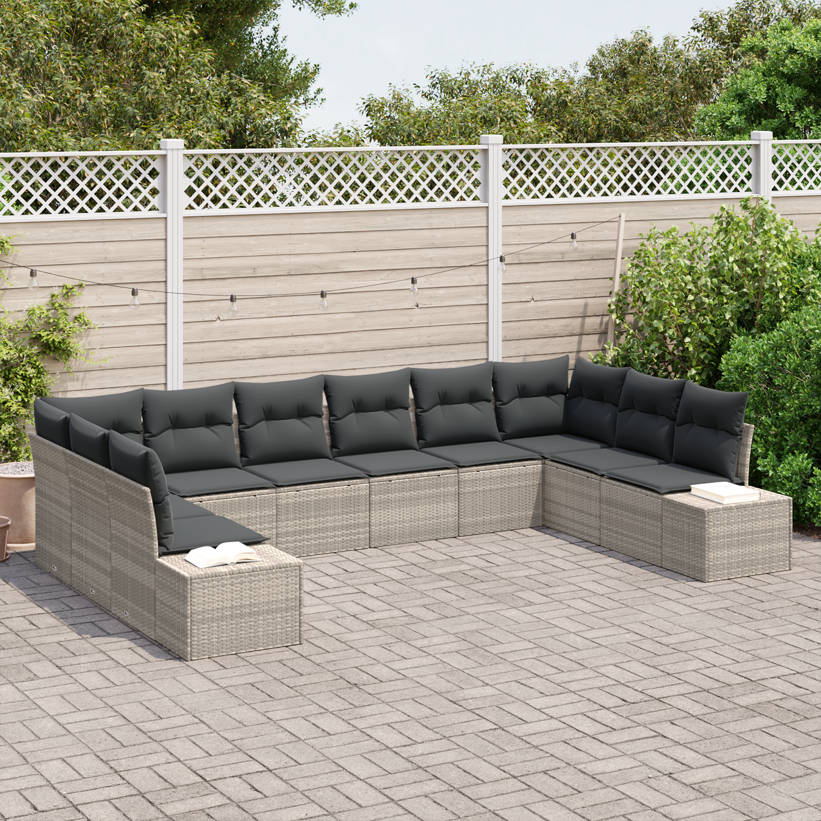Set da Giardino di 10 pezzi con cuscini Grigio Chiaro Rattan Sintetico